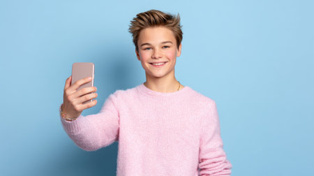 A cheerful teenage boy with a stylish haircut takes a selfie using a smartphone, dressed in a soft pink sweater against a light blue backdrop. His engaging smile reflects youth and positivity, capturing the essence of modern social media communication.の素材