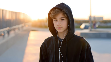 A young boy with a hoodie and headphones stands against a sunset backdrop, embodying youthful style and urban vibe while enjoying music outdoors.の素材