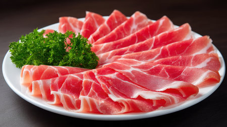 A stunning presentation of premium ham, thinly sliced and elegantly arranged on a white plate, garnished with fresh parsley, ideal for culinary showcases.の素材