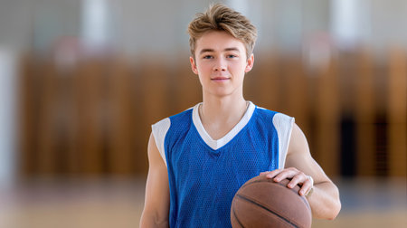 A young male basketball player stands confidently in an indoor court, holding a basketball indicative of his passion for the sport. His jersey and focused expression convey dedication to athleticism, training, and teamwork.の素材