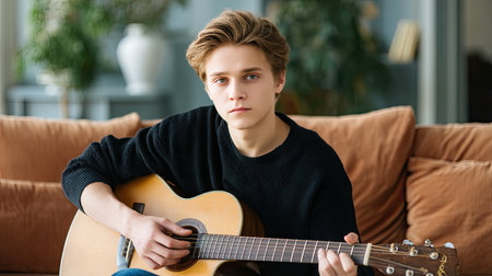 A young musician sits on a comfortable sofa, playing an acoustic guitar, surrounded by a warm and inviting interior, capturing a moment of creative expression.の素材