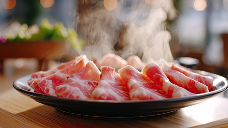 Experience the allure of freshly sliced meat, beautifully arranged on a gourmet plate, with steam rising in a warm and inviting setting. Perfect for food lovers.の素材