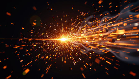 This visually stunning image captures a dynamic burst of light and particles, symbolizing energy and motion in a vibrant abstract space. Perfect for creative projects.の素材