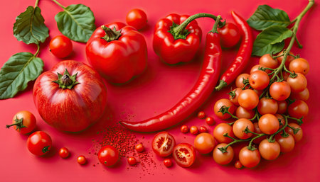 This vibrant arrangement features an array of red vegetables and fruits, including tomatoes, bell peppers, and chili peppers, set against a bright red background, perfect for food and culinary imagery.の素材