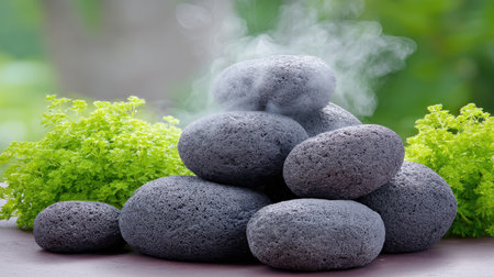 A serene arrangement of heated black stones emits soft steam, surrounded by vibrant greenery, creating a peaceful ambiance ideal for wellness and relaxation.の素材