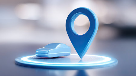 This 3D graphic showcases a blue car next to a location pin, symbolizing navigation and transport services in a modern urban context.の素材