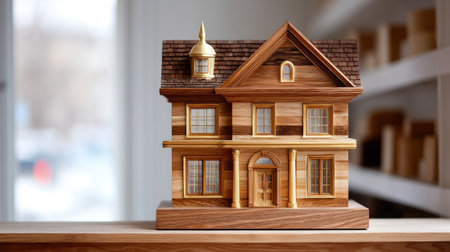 This handcrafted wooden model beautifully captures the essence of traditional architecture, showcasing intricate details and a warm, inviting aesthetic.の素材