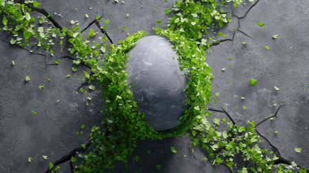 This artistic image showcases a gray egg nestled among lush green ivy leaves, emerging from a cracked stone surface. It symbolizes growth, renewal, and the beauty of nature in a creative design concept.の素材