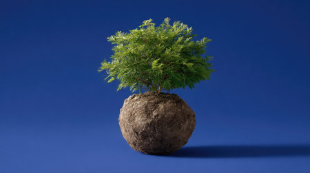 A small green plant rests on a soil base, set against a striking blue background. This image captures the essence of nature's growth in a minimalist style.の素材