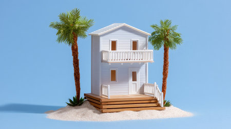 A charming miniature model of a coastal house surrounded by palm trees atop a sandy base. The image evokes feelings of vacation, tranquility, and summertime escape.の素材