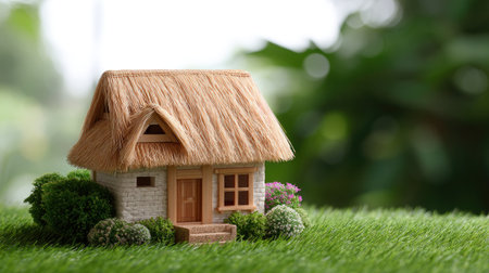 This charming miniature house features a thatched roof, set against a backdrop of lush greenery, creating a warm and inviting scene perfect for evoking comfort.の素材
