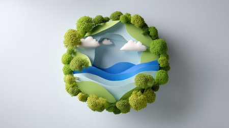 This vibrant paper art landscape features lush green trees and tranquil blue water under soft clouds. The circular design highlights nature's beauty, evoking feelings of serenity and creativity. Perfect for themes of ecology and artistic expression.の素材