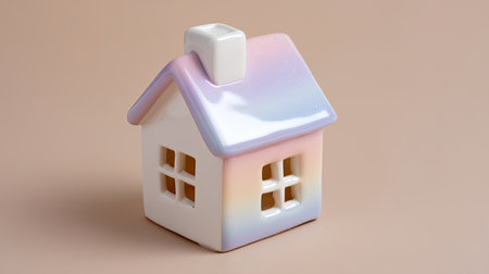 This charming miniature house figurine showcases soft pastel colors, perfect for adding a touch of elegance and whimsy to your home dの素材