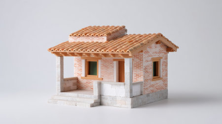 This image showcases a detailed model house featuring a brick exterior and tiled roof. Perfect for architectural and design projects, it highlights craftsmanship.の素材