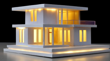 A beautifully crafted architectural model showcasing a modern two-story house, illuminated with a warm glow, emphasizing minimalist design and innovative features.の素材