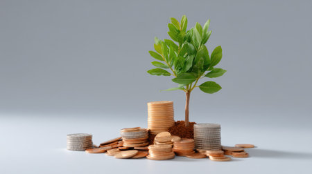 A vibrant green plant emerges from a mound of coins, symbolizing financial growth and prosperity. This image captures the essence of investment, wealth and sustainability in a modern economic context.の素材