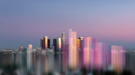 A stunning view of a vibrant urban skyline at dusk, featuring colorful reflections in water, capturing the essence of city life and atmosphere.の素材