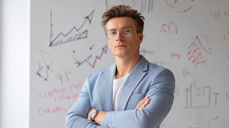 A confident male professional stands in a modern office with business graphs and diagrams on the wall, symbolizing success and innovation in the workplace.の素材