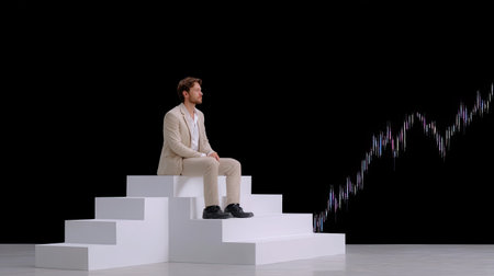 A businessman sits on a series of steps, contemplating the rising financial graph behind him. This image symbolizes ambition, growth, and strategic thinking in a modern workspace.の素材