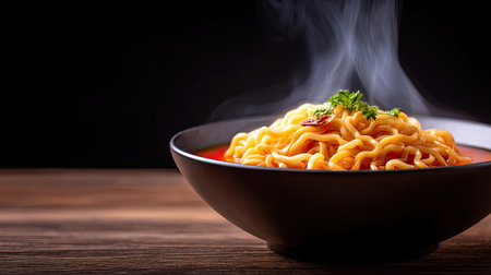 A beautifully arranged bowl of steaming noodles with rich broth, garnished with fresh herbs, set against a dark backdrop, perfect for food photography.の素材