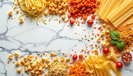 A visually appealing arrangement of assorted pasta varieties, fresh tomatoes, herbs, and spices on a marble surface, ideal for culinary inspiration.の素材