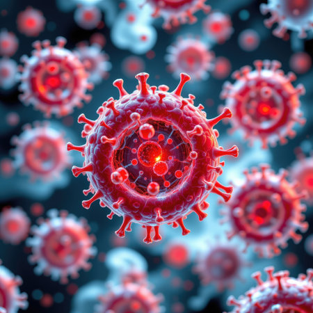 This detailed illustration showcases a red microscopic view of coronavirus particles, emphasizing their structure and presence in a dark environment, highlighting the urgency of the ongoing pandemic.の素材