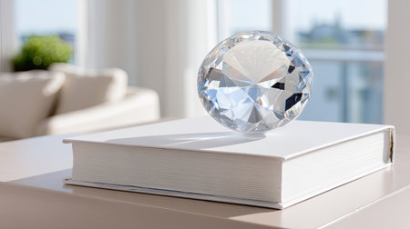 A stunning diamond sits atop an elegant coffee table, enhancing the beauty of a modern interior flooded with natural light, creating a tranquil atmosphere.の素材