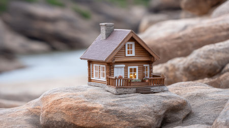 A beautifully crafted miniature wooden house model placed on a rocky surface by water. This charming piece highlights unique craftsmanship and adds a whimsical touch.の素材