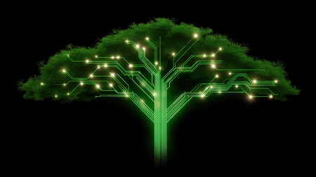 This striking image features a green tree designed with intricate circuitry, symbolizing the harmonious relationship between technology and nature.の素材