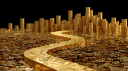 A stunning visual of a winding pathway of golden coins leading towards a vibrant city skyline. This imagery embodies themes of wealth, prosperity, and economic growth.の素材