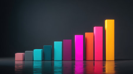Colorful 3D bar graph representing growth trends on a dark background, ideal for business and finance concepts. Perfect for charts, marketing, and analysis.の素材