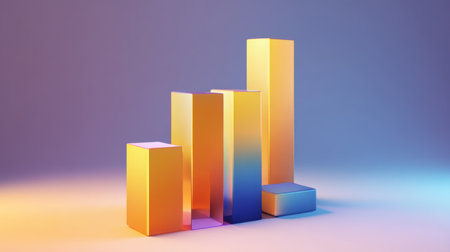 A creative arrangement of shiny geometric shapes in various heights and colors symbolizes growth and progress, ideal for business and finance themes.の素材