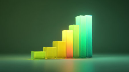 A vibrant 3D bar graph showcases a positive growth trend with bright yellow, green, and blue colors, perfect for data visualization and business presentations.の素材