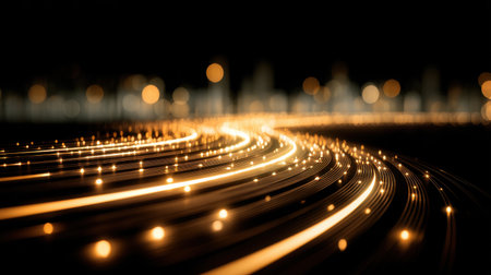 This stunning abstract image showcases luminous lines and vibrant bokeh effects against a dark background, creating a captivating and modern atmosphere for design purposes.の素材