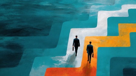 Two business professionals navigate vibrant pathways, representing choices in their careers and personal growth. The abstract artwork inspires reflection on success and direction.の素材