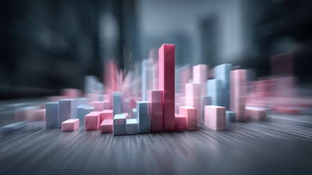 Colorful bar charts in shades of pink and blue create an abstract data visualization. The blurred effect adds a dynamic touch, perfect for modern finance themes.の素材