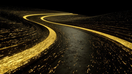 An abstract representation of a winding road illuminated by glittering golden light trails, creating a captivating sense of motion and depth against a dark backdrop.の素材