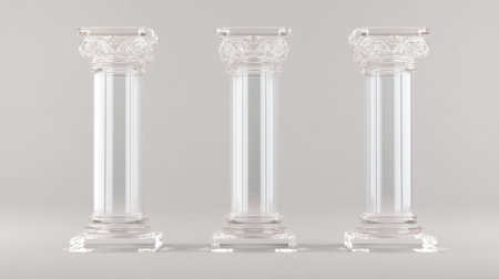 Stunning clear glass columns featuring ornate details create a striking visual appeal. Perfect for artistic projects, interiors, and architectural presentations.の素材