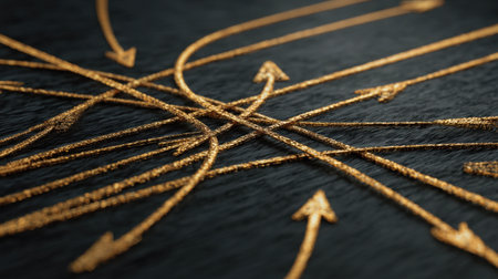 This artwork features golden arrows intricately woven on a dark wooden background, representing direction and movement. Ideal for themes of strategy and decision-making.の素材