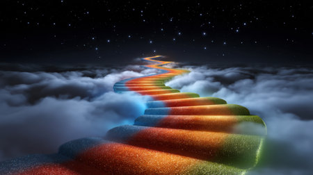 Surreal image of a colorful pathway winding through fluffy clouds under a starry sky, evoking feelings of wonder and imagination in a dreamlike setting.の素材