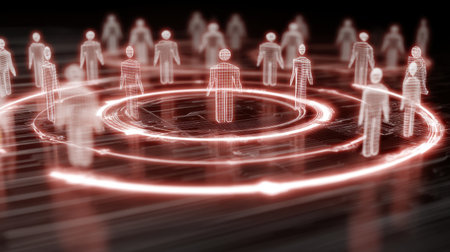 This illustration captures dynamic human figures connected in a vibrant digital landscape, symbolizing networking and modern technology through glowing circles.の素材