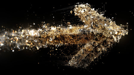 This stunning abstract image features a dynamic golden arrow made of glittering particles, representing direction and progress in a digital art style filled with energy.の素材