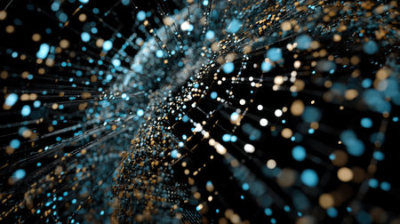 This abstract digital image showcases vibrant particles in motion, creating a visually stunning representation of energy, space, and technology, suitable for various creative projects.の素材
