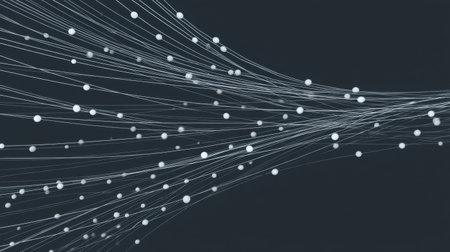 This abstract image features flowing lines and dots against a dark background, evoking themes of connectivity and digital transformation in a modern design.の素材