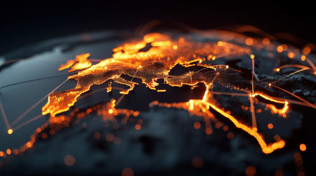 A stunning digital rendering of Europe showcasing glowing connections and illuminated landmarks, highlighting the essence of modern technology and global interaction.の素材