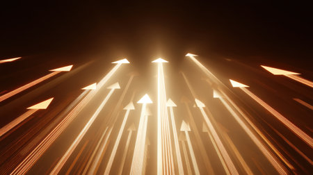 This image features dynamic light beams and arrows pointing upward, symbolizing growth and progress, ideal for inspirational themes in business and personal development.の素材