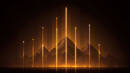 An artistic rendering of mountains illuminated by golden light beams creates a magical and surreal atmosphere, ideal for imaginative and creative projects.の素材