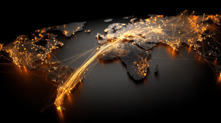 This image features an abstract world map with glowing lines that represent global connections and networks, emphasizing the themes of technology and communication.の素材