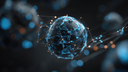 A captivating digital representation of a globe interconnected with blue and orange nodes, illustrating the concept of global communication and technology.の素材