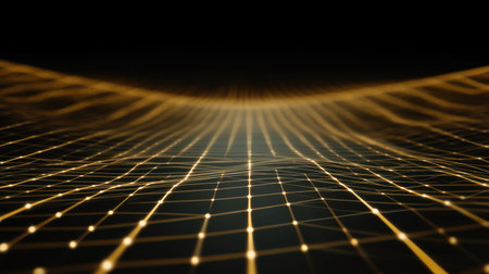 Explore an abstract digital landscape featuring luminous grid lines against a dark backdrop, symbolizing data flow and advancements in technology. Perfect for modern themes.の素材
